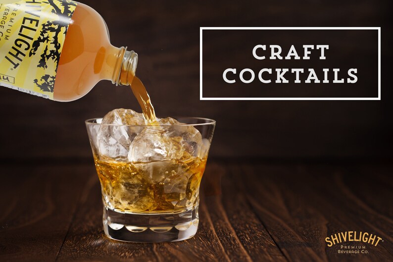 May include: A clear glass bottle with a yellow label that says "Shivelight" is pouring a golden liquid into a glass with ice. The text "CRAFT COCKTAILS" is in a white rectangle on a brown background.