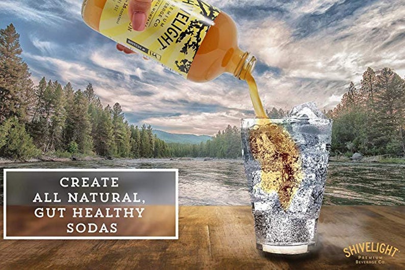 May include: A glass bottle of Shivelight Premium Beverage Co. ginger soda being poured into a glass with ice. The bottle is labeled "Shivelight" and "Premium Beverage Co." The text "Create All Natural, Gut Healthy Sodas" is on a wooden surface in front of the glass.