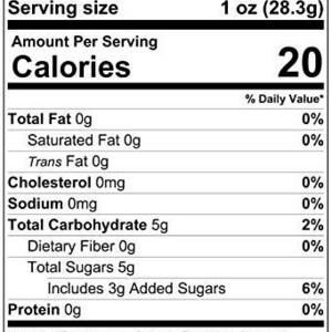 May include: Nutrition Facts label for a food product with 20 calories per 1 ounce serving. The label lists the amount of total fat, saturated fat, trans fat, cholesterol, sodium, total carbohydrate, dietary fiber, total sugars, and protein per serving. It also includes the percentage of daily value for each nutrient.