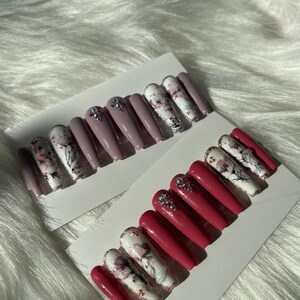 Luxury Press On Nails Ready To Ship , Long Nails , Floral Nail Design, Red Nails