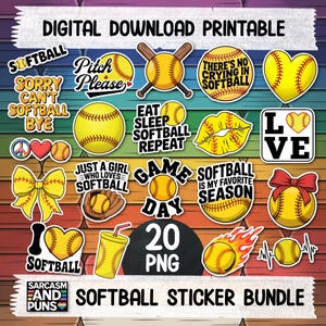Può includere: Un pacchetto di adesivi di softball stampabili con download digitale con 20 immagini PNG. Gli adesivi presentano grafiche a tema softball, come palloni, mazze e frasi come "Eat Sleep Softball Repeat" e "Just a Girl Who Loves Softball."