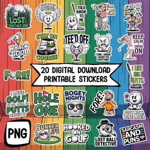 Può includere: Una collezione di 20 adesivi stampabili scaricabili digitalmente con disegni a tema golf. Gli adesivi presentano palline da golf con varie espressioni e frasi come "Fore!", "Hole in One" e "Lost Ball Detective". Lo sfondo è una sfumatura arcobaleno.