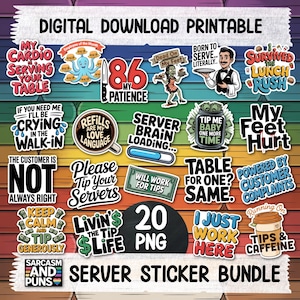 Ober serveerster stickerbundel - instant digitale download 20 PNG-stickers - grappige woordspeling laptopstickers - restaurant server computerstickers