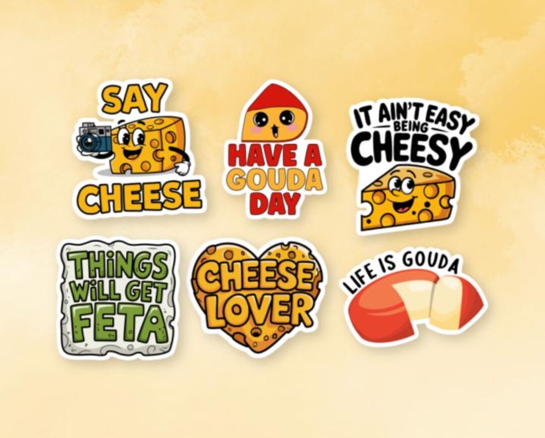 Set of 6 Funny Cheese Stickers - Vinyl Sticker Pack - Funny Food Gift ...