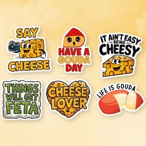Set Of 6 Funny Cheese Stickers - Vinyl Sticker Pack - Funny Food Gift - Waterproof Water Bottle Stickers & Laptop Decals - Cute Cheese Puns