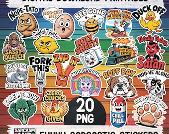 May include: A digital download printable featuring 20 funny sarcastic stickers. The stickers include various cartoon characters and phrases like "Nope-Tato," "Sassy Quatch," "Holy Sheet!," and "Chill Pill." The background is a colorful rainbow pattern.