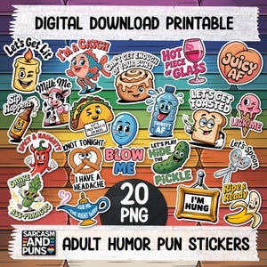 May include: A collection of 20 PNG adult humor pun stickers. The stickers feature various cartoon illustrations with phrases like "Let's Get Lit," "I'm a Catch," and "Juicy AF." The stickers are colorful and designed for digital download.