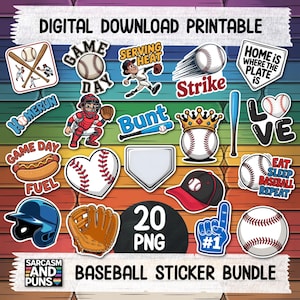 May include: A collection of 20 baseball-themed PNG stickers. The stickers feature baseballs, bats, gloves, helmets, and phrases like "Game Day," "Strike," and "Home is Where the Plate Is." The stickers are colorful and include a variety of designs.