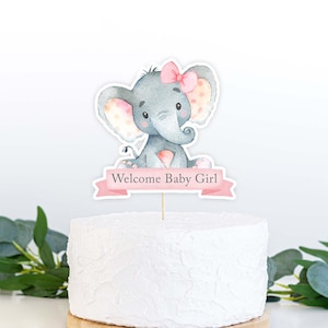 Elephant with Bow Cake Topper, Elephant Baby Shower Centerpiece, Pink Elephant Girl Baby Shower Decorations, Instant Download Printable