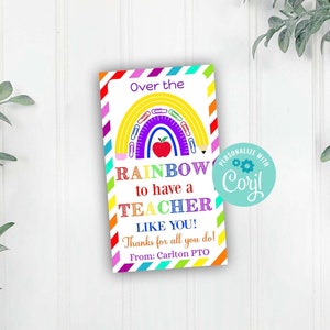 Rainbow Teacher Gift Tag, Editable Teacher Appreciation Week Tag, Over the Rainbow Tag, Corjl Editable Template, Instant Download Printable