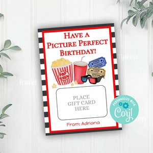 Plantilla para portatarjetas de regalo de película de feliz cumpleaños, portatarjetas de regalo editable para cine, plantilla editable de Corjl, descarga instantánea imprimible
