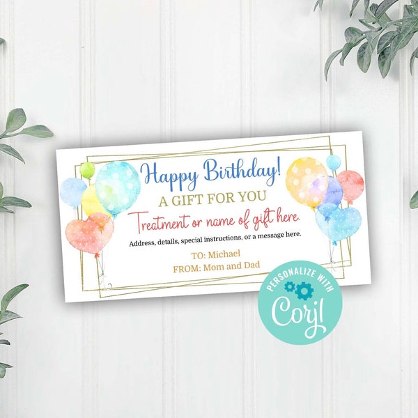 Happy Birthday Gift Certificate Template, Balloon Birthday Editable Gift Voucher, Corjl Editable Template, Instant Download Printable