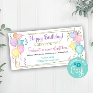 Happy Birthday Gift Certificate Template, Birthday Balloons Editable Gift Voucher, Corjl Editable Template, Instant Download Printable