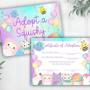 Puede incluir: Un certificado de adopción colorido para un juguete blando. El certificado tiene un fondo de arcoíris con una abeja, corazones y estrellas. El texto dice "Adopta un Squishy" y "Certificado de Adopción".