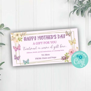 Pink Butterfly Mother&#39;s Day Gift Certificate Template, Floral Editable Gift Voucher, Corjl Editable Template, Instant Download Printable