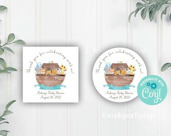 May include: Thank you for celebrating with us!  A round sticker with a watercolor illustration of a brown ark with animals on a blue background. The text "Audrey's Baby Shower August 28, 2022" is below the ark.