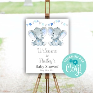 Twin Boy Elephant Baby Shower Sign, Blue Twin Elephant Welcome Sign, Baby Shower Decor, Corjl Editable Template, Instant Download Printable