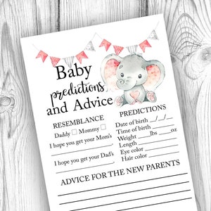 Baby Predictions and Advice, Elephant Baby Predictions, Pink Elephant Baby Shower, Girl Baby Shower, Elephant Baby Advice, Printable