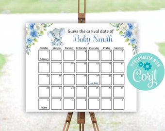 Op de afbeelding: Een blauw en wit baby shower-bord met een kalender waarop gasten de aankomstdatum van Baby Smith kunnen raden. Het bord heeft een schattige olifant-illustratie en bloemmotieven.