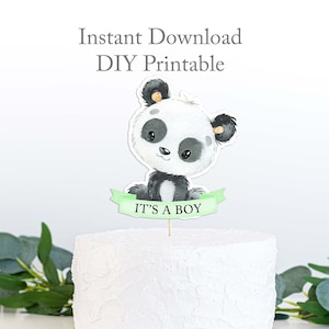 Green Panda Cake Topper, Panda It&#39;s a Boy Baby Shower Centerpiece, Panda Baby Shower Decorations, Welcome Baby, Instant Download Printable