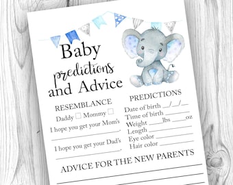 Babyförutsägelser och råd, elefantbabyförutsägelser, blå elefantbabyshower, pojkebabyshower, elefantbabyråd, utskrivbara