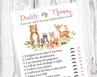 May include: A printable baby shower game with a woodland theme. The game asks guests to guess who said it: Mummy, Daddy, neither or both? The game features a list of 15 statements about pregnancy, parenting, and the baby.