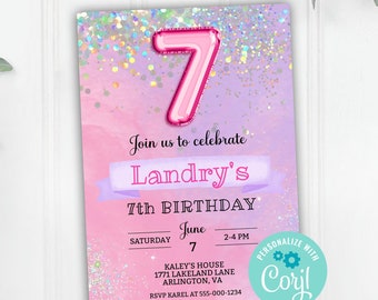 Girls 7th Birthday Party Invitation, Pink Glitter Girl Seventh Birthday Editable Invitation, Corjl Editable Template, Printable Download