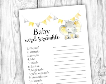 Elephant Baby Word Scramble, Yellow Elephant Baby Shower Game, Word Scramble Game, Gender Neutral Baby Shower, Instant Download Printable