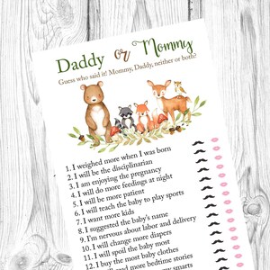 Daddy or Mommy Baby Shower Game, Woodland Who Said It, Woodland Baby Shower Game, Gender Neutral Baby Shower, Boy Baby Shower, Printable