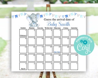 Op de afbeelding: Een printbaar babyshower-spel met een blauwe en witte olifant-illustratie. Het spel vraagt ​​gasten om de aankomstdatum van Baby Smith te raden. Het spel bevat een kalender met de maanden februari en maart.