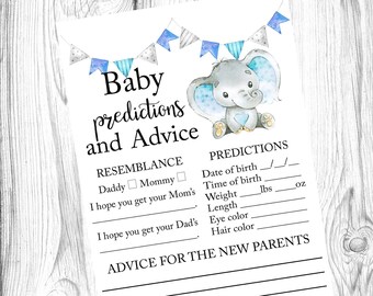 Gissningslek för förutsägelser om blå elefantbebis, babyshower för blå elefantpojke, förutsägelser och råd om pojkebebis, direkt nedladdning, utskrivbar