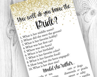 How Well Do You Know the Bride, Bridal Shower Game, Who Knows The Bride Best, Gold Bridal Shower, Bachelorette, Instant Download, Printable