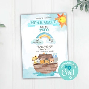 Editable Noah&#39;s Ark Birthday Party Invitation, Noahs Ark Blue Boy Animal Invitation, Corjl Editable Invitation Template Printable Download