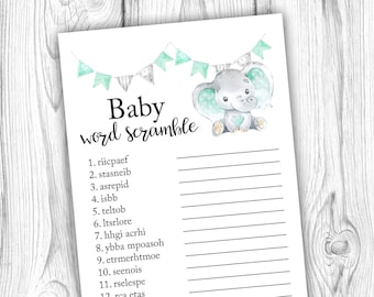 Elephant Baby Word Scramble, Mint Elephant Baby Shower Games, Word Scramble Game, Gender Neutral Baby Shower, Instant Download Printable