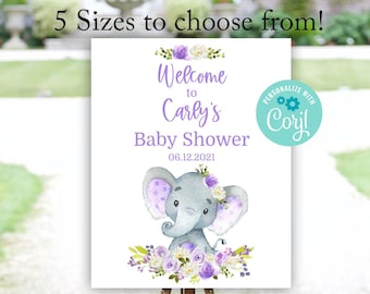 Elephant Baby Shower Sign, Purple Elephant Welcome Sign, Girl Elephant Welcome Sign, Corjl Editable Template, Instant Download Printable