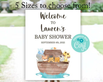Insegna per il baby shower dell'Arca di Noè, Segno di benvenuto dell'Arca di Noè, Cartello di benvenuto per baby shower neutro di genere, Modello modificabile corjl, Stampabile istantaneamente