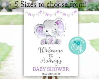 Elephant Baby Shower Sign, Girl Elephant Welcome Sign, Purple Elephant Welcome Sign, Corjl Editable Template, Instant Download Printable