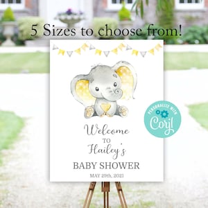 Signo de baby shower de elefante, signo de bienvenida de elefante amarillo, signo de bienvenida de elefante de género neutro, plantilla editable de Corjl, imprimible instantáneamente