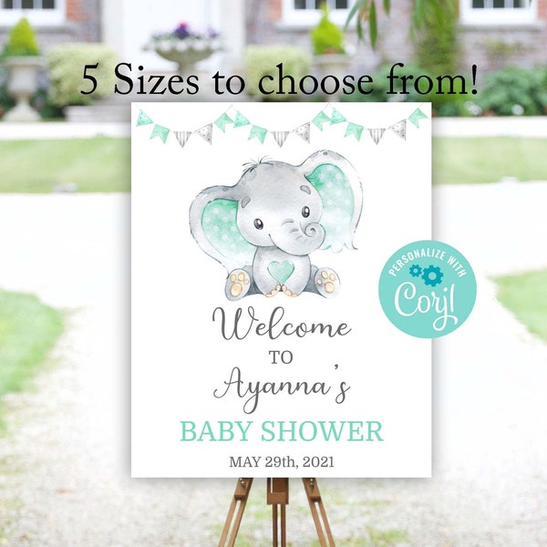 Elephant Baby Shower Sign, Mint Elephant Welcome Sign, Gender Neutral Elephant Welcome Sign, Corjl Editable Template, Instant Printable