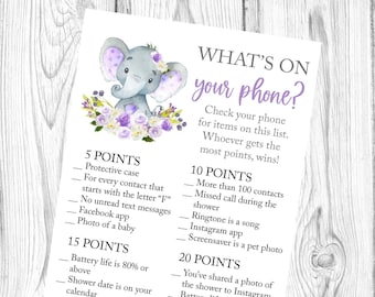 What's on Your Phone Game, Elephant What's In Your Phone Game, Floral Elephant Baby Shower, Elephant Baby Shower Games, Instant Printable