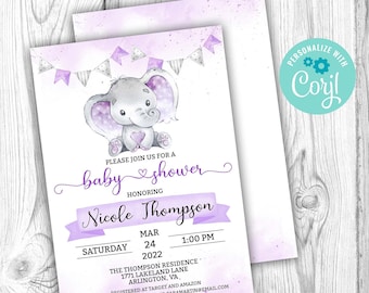 May include: Baby shower invitation featuring a watercolor illustration of a gray elephant with purple accents. The invitation includes text that reads "Please join us for a baby shower" and details for Nicole Thompson's baby shower.