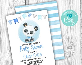 May include: A blue and white baby shower invitation with a panda bear wearing a blue bow tie. The invitation includes the text "Please join us for a Baby Shower honoring Claire Carter".