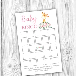 Giraffe Baby Shower Bingo Game, Floral Giraffe Bingo Game, Bingo Cards, Pink Giraffe Baby Shower Decorations, Instant Download Printable