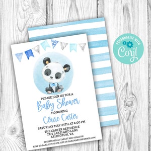Panda Baby Shower Uitnodiging, Boy Panda Uitnodiging, Bewerkbare Uitnodiging, Corjl Bewerkbare Sjabloon, Panda Verjaardag, Instant Download Afdrukbaar