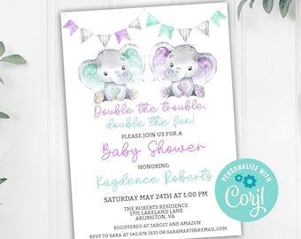 May include: A baby shower invitation with a purple and green elephant theme. The invitation says "Double the trouble, double the fun!" and includes the name "Kaydence Roberts".