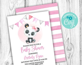 May include: Pink and white baby shower invitation with a panda bear wearing a pink bow. The invitation includes the text "Please join us for a Baby Shower honoring Melody Ryan".