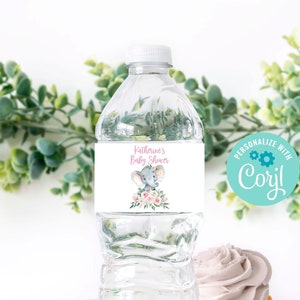 Étiquettes de bouteilles d’eau Elephant Baby Shower, étiquettes de bouteilles d’eau modifiables, étiquettes éléphant, modèle modifiable Corjl, téléchargement instantané imprimable