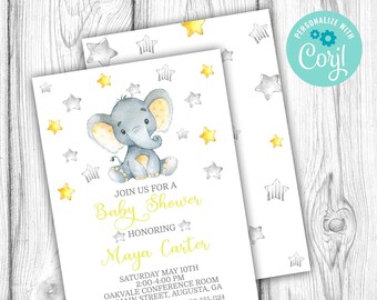 Elephant Baby Shower Invitation, Elephant Invitation, Yellow Baby Shower, Corjl Editable Template, Star Shower, Instant Download Printable