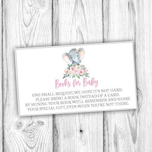 Boeken voor babykaart, boeken voor babyuitnodiging invoegen, babyshower roze olifant, neem een boek mee in plaats van een kaart, direct afdrukbaar