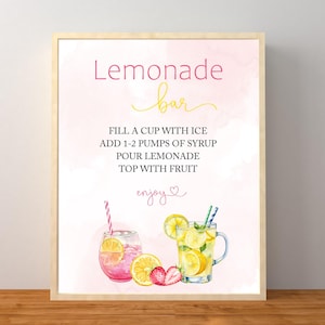 Limonade Bar Schild, rosa Geburtstagsparty Drink Station Dekorationen, Menüanleitung, Hochzeit, Babyparty, sofortiger Download druckbare